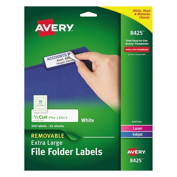 Removeable File Folder Label, White, PK450, AVERY DENNISON, Mfr# 72782